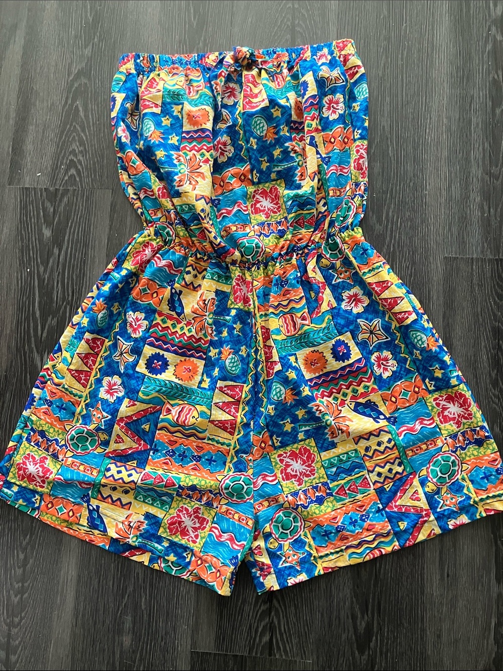 Vintage 80s Bright Bold Beach Motif Patchwork Design Strapless Romper